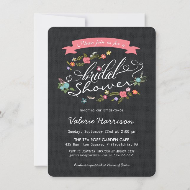 Rustic Floral Wreath Black Burlap Bridal Shower Invitation (Front)