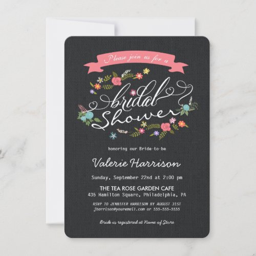 Rustic Floral Wreath Black Burlap Bridal Shower Invitation