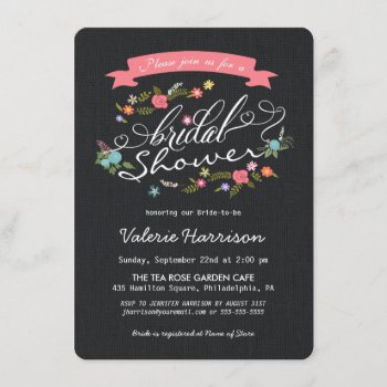 Rustic Floral Wreath Black Burlap Bridal Shower Invitation by weddingtrendy at Zazzle