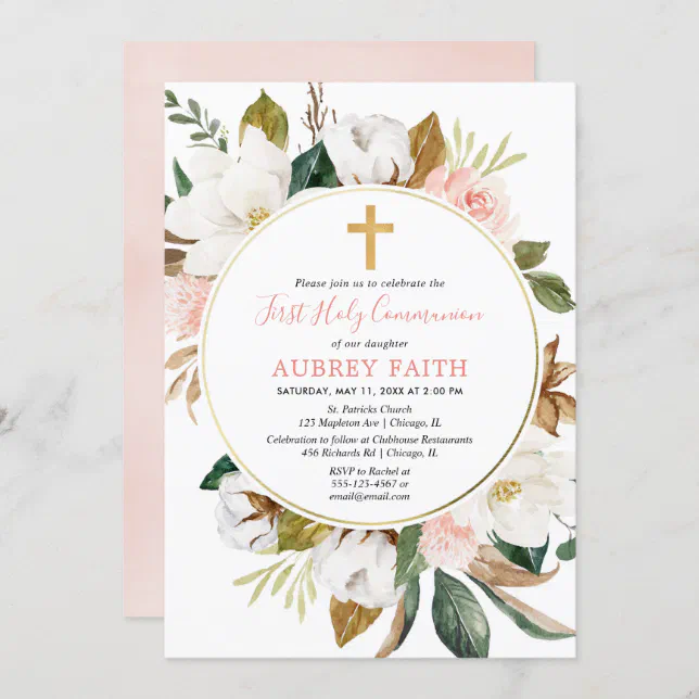 Rustic floral wreath blush pink first communion invitation | Zazzle