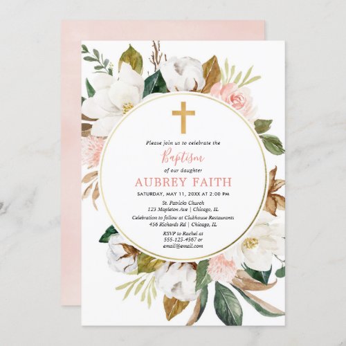 Rustic floral wreath blush pink white girl baptism invitation