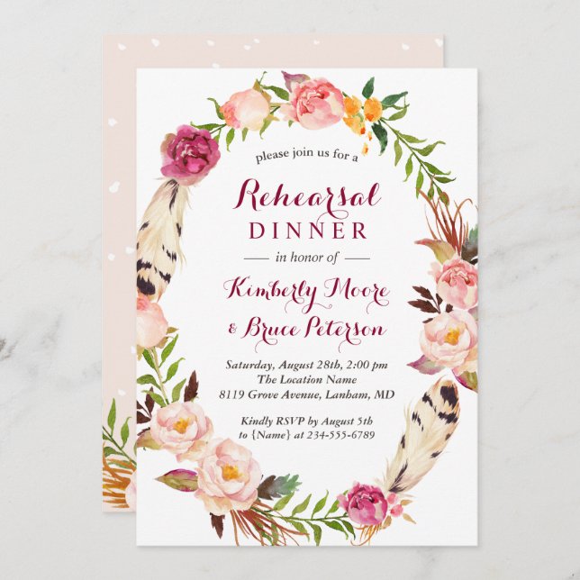 Rustic Floral Wreath Boho Wedding Rehearsal Dinner Invitation (Front/Back)