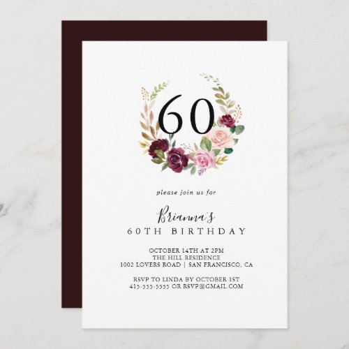 Rustic Floral Wreath Botanical 60th Birthday Party Invitation