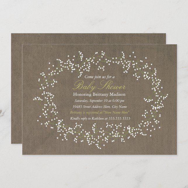 Rustic Floral Wreath & Burlap Baby Shower Invite (Front/Back)