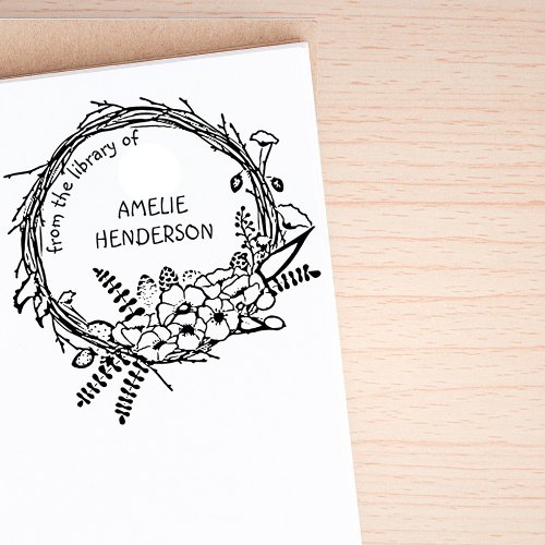 Rustic Floral Wreath Custom Name Library Book Rubber Stamp