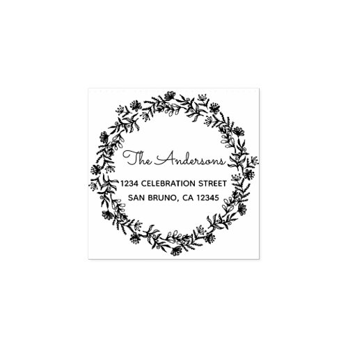 Rustic Floral Wreath  Family Name Return Address Rubber Stamp