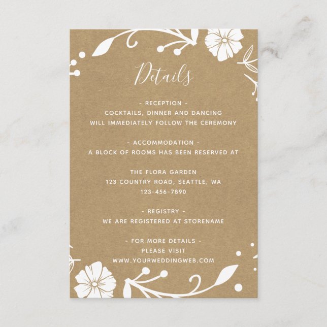 Rustic Floral Wreath Faux Kraft Wedding Details Enclosure Card (Front)