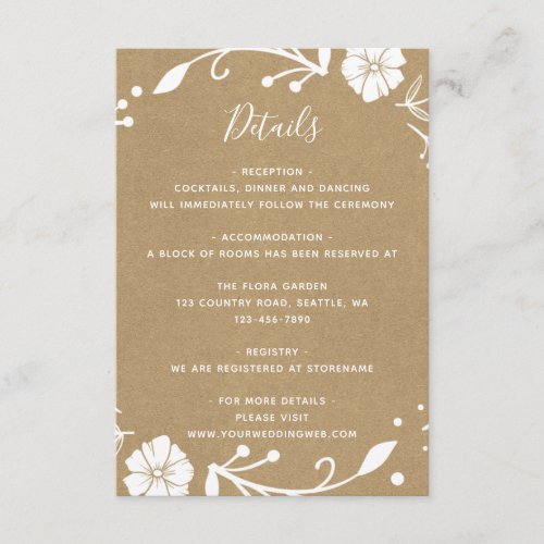 Rustic Floral Wreath Faux Kraft Wedding Details Enclosure Card