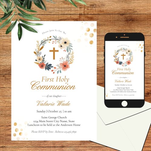Rustic Floral Wreath First Communion Invitations