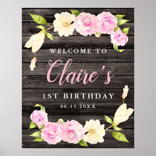 Rustic Floral Wreath Girls Birthday Party Sign