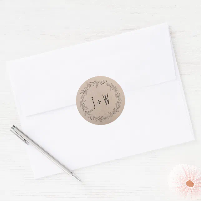 Rustic Floral Wreath Kraft Paper Monogram Classic Round Sticker | Zazzle