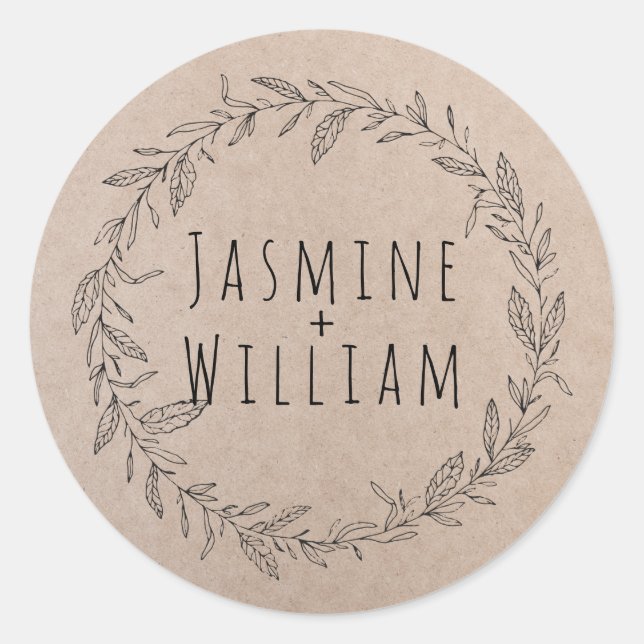 Rustic Floral Wreath Kraft Paper Personalized Classic Round Sticker (Front)