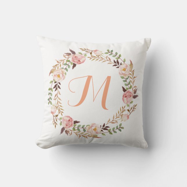 Rustic Floral Wreath Monogram Outdoor Pillow (Front)