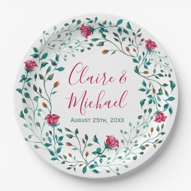 Rustic Floral Wreath | Personalized Wedding Paper Plates (Front)