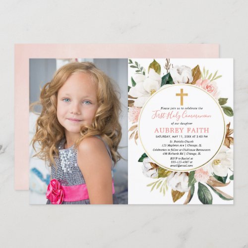 Rustic floral wreath pink first communion photo invitation