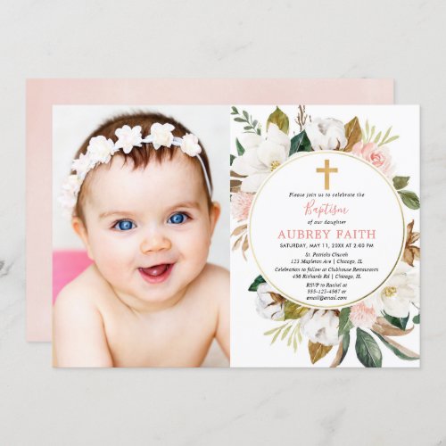 Rustic floral wreath pink white girl baptism photo invitation