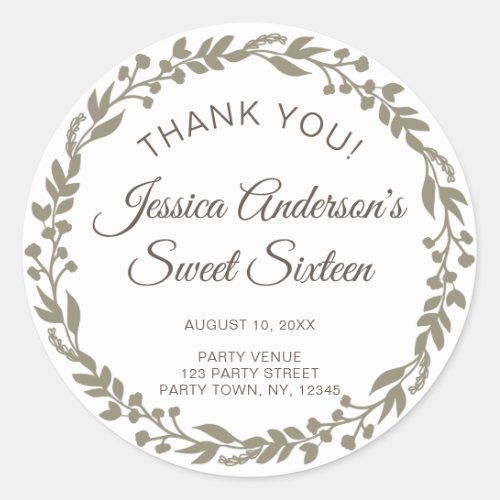 Rustic Floral Wreath Sweet Sixteen Thank You Classic Round Sticker