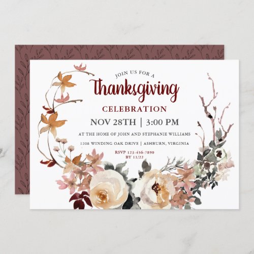 Rustic Floral Wreath Thanksgiving Celebration Invitation