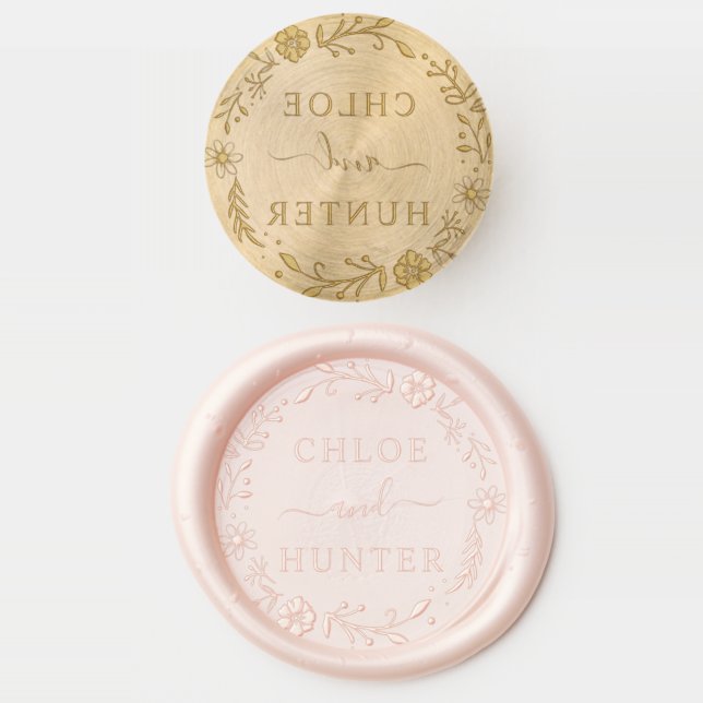 Rustic Floral Wreath Wedding Couple Names Wax Seal Stamp (Stamped)
