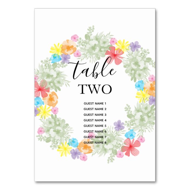 Rustic Floral Wreath Wedding Guest Names Table Number (Front)