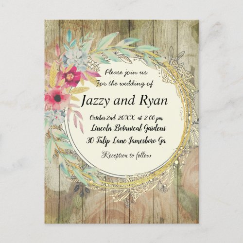 Rustic floral wreath wedding invitation postcard
