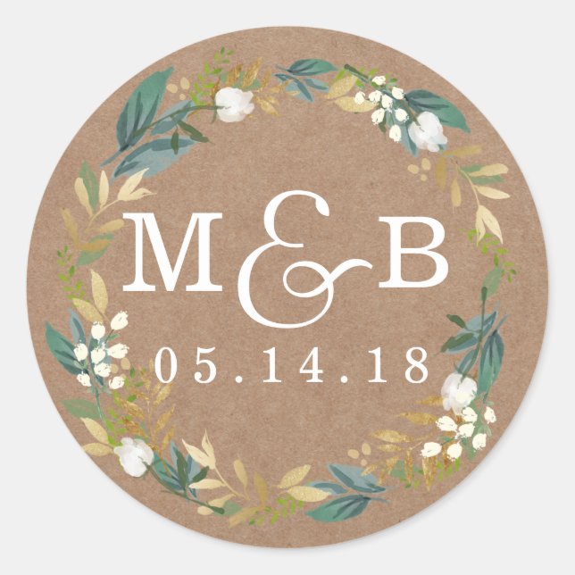 Rustic Floral Wreath Wedding Monogram Sticker (Front)