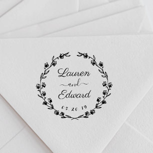 Rustic Floral Wreath Wedding Name Self-inking Stamp