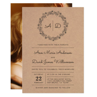 Rustic Floral Wreath Wedding Photo Invitation