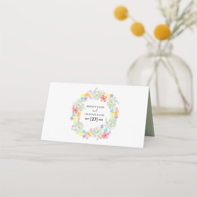 Rustic Floral Wreath Wedding Place Card (Back)