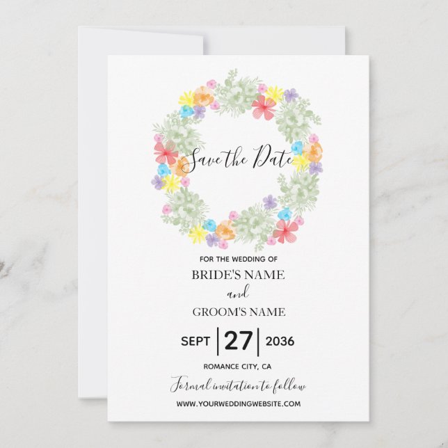 Rustic Floral Wreath Wedding Save The Date (Front)