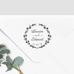Rustic Floral Wreath Wedding Save the Date Rubber Stamp<br><div class="desc">Custom-designed wedding stamp featuring modern hand calligraphy with hand-drawn floral wreath. Personalize with bride and groom's names and wedding date. Perfect for rustic,  country,  and boho themed weddings.</div>