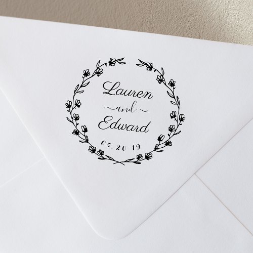 Rustic Floral Wreath Wedding Save the Date Rubber Stamp