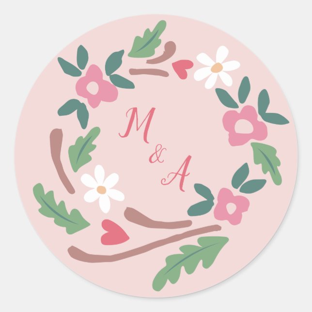 Rustic Floral Wreath with Monogram Classic Round Sticker (Front)