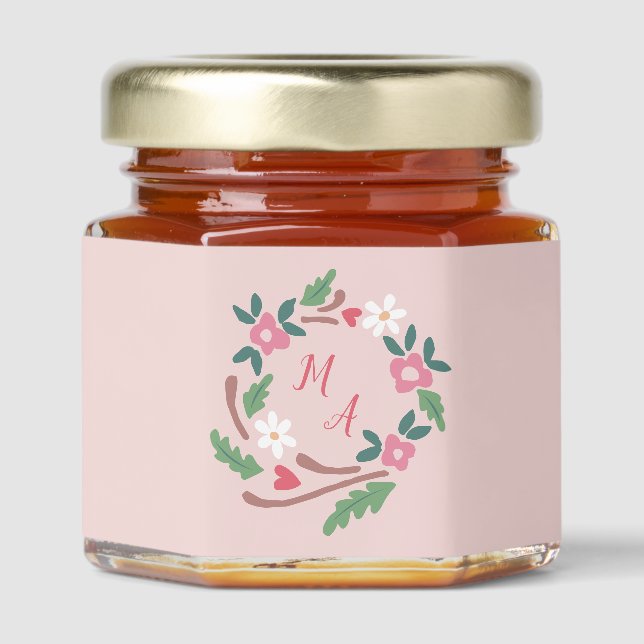 Rustic Floral Wreath with Monogram Honey Jar Favors (Front)