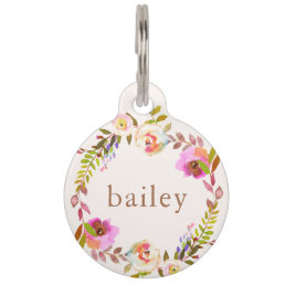 Rustic Floral Wreath with Pet&#39;s Name and Phone Pet ID Tag