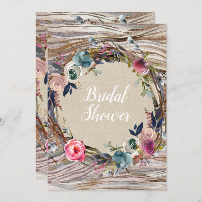Rustic Floral Wreath Wood Grain Bridal Shower Invitation (Front/Back)