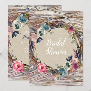 Rustic Floral Wreath Wood Grain Bridal Shower Invitation