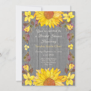 Rustic Floral Yellow Sunflower Gray Bridal Shower Invitation