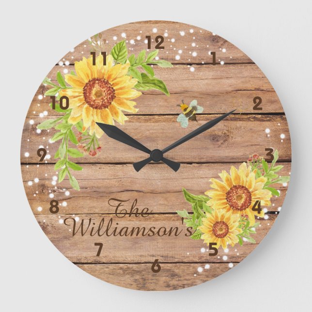 Rustic Floral Yellow Sunflower Personalized Large Clock (Front)
