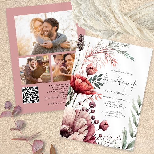 Rustic Florals 3 Photos QR Code Burgundy Wedding Invitation