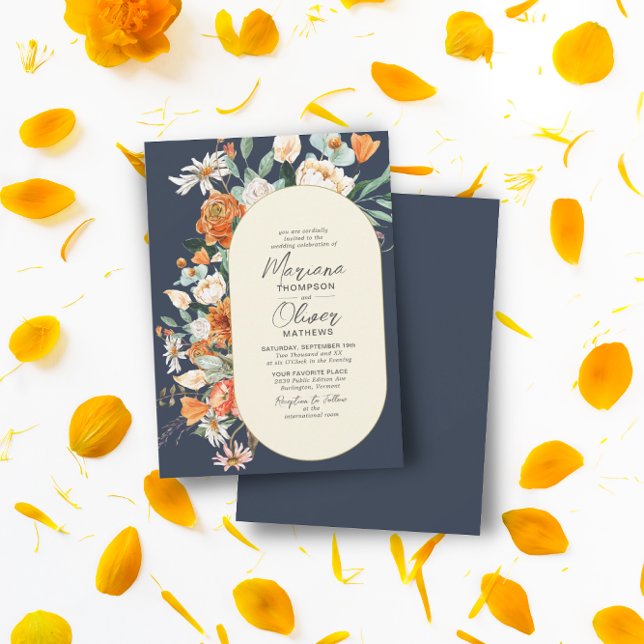 Rustic Florals Double Arch Navy Wedding Invitation (Creator Uploaded)