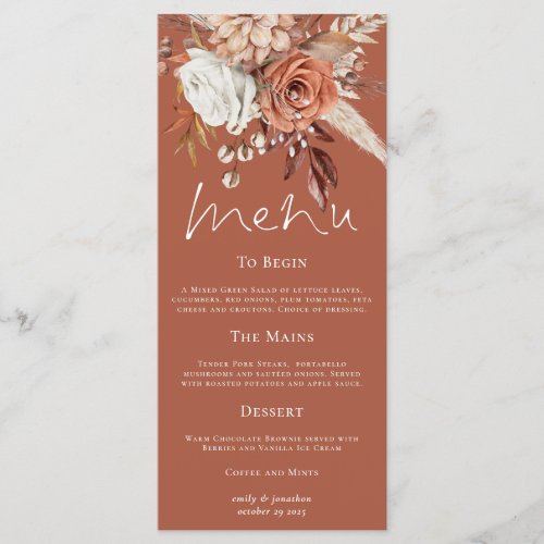 Rustic Florals Pampas Grasses Wedding Terracotta  Menu