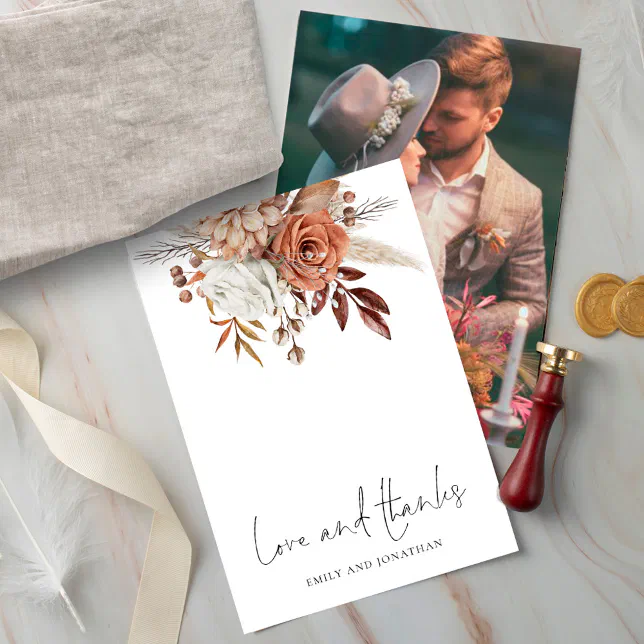 Rustic Florals Photo Love Thanks Wedding Thank You Card | Zazzle