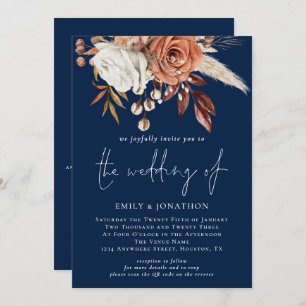 Rustic Florals QR Code Navy Blue Wedding Invitation