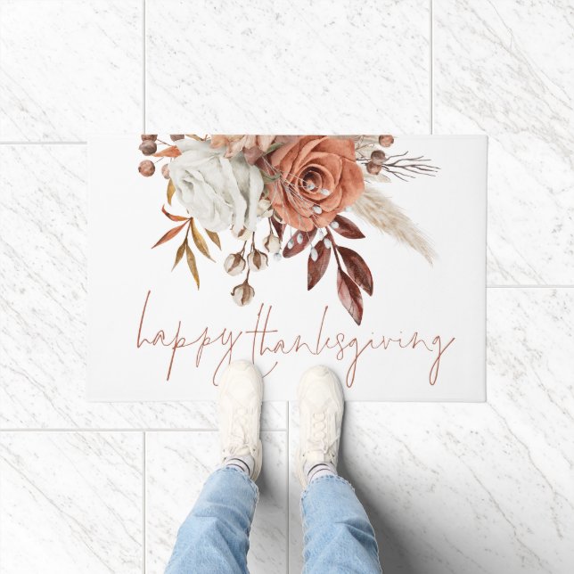 Rustic  Florals Terracotta Happy Thanksgiving Doormat (Indoor)