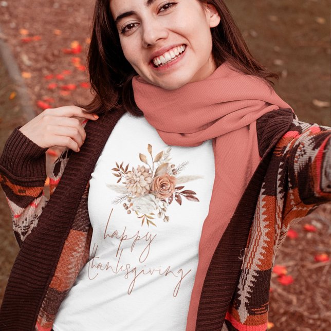Rustic Florals Terracotta Happy Thanksgiving T-Shirt (Creator Uploaded)