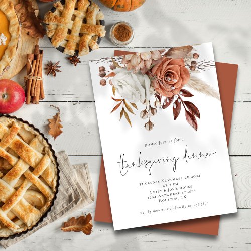 Rustic Florals Terracotta Thanksgiving Dinner Invitation