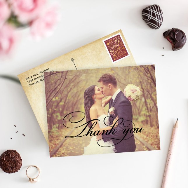Rustic Flourish Thank You Wedding Photo Card (Creator Uploaded)