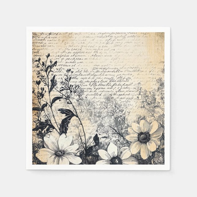 Rustic Flower and Calligraphy - Aged Brown Paper 1 Napkins (Front)