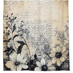 Rustic Flower and Calligraphy - Aged Brown Paper 1 Shower Curtain